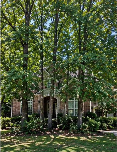 Before: brick home hidden behind dense trees