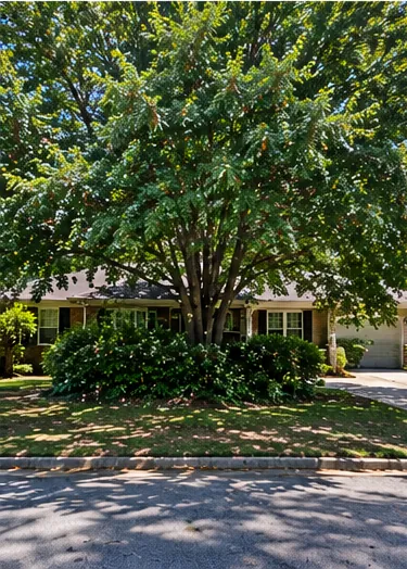 Before: ranch home blocked by a large overgrown tree