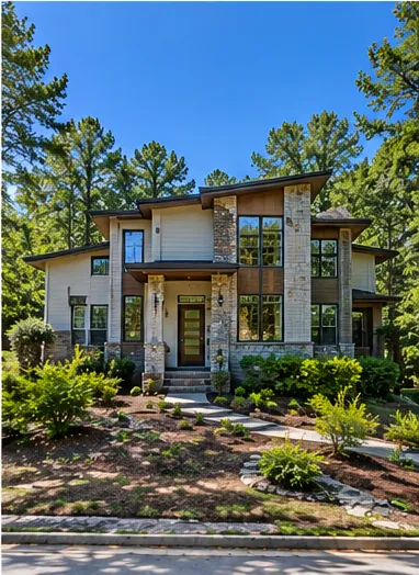 After: modern home with a cleared, landscaped front yard