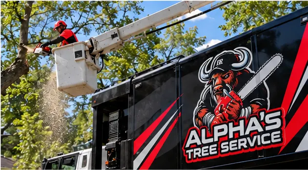 Crew member trimming high limbs beside an Alpha's Tree Service truck