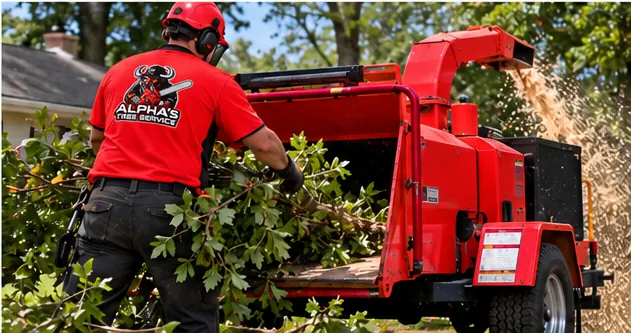 Crew member feeding branches into a red wood chipper