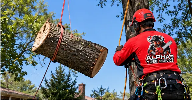 Large log section being lowered by rope from a tree