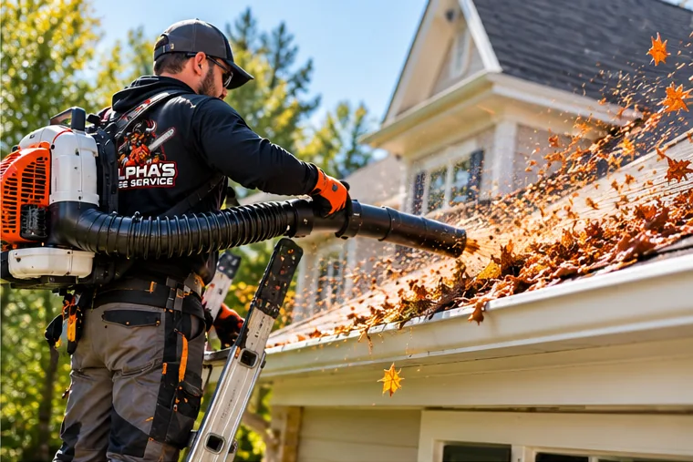 Crew member clearing leaves from a roof and gutters with a backpack blower